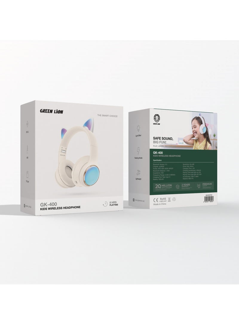 GL-400 Kids Wireless with LED Lights Headphone / Powerful 400mAh Battery / 8H Long Lasting Playing Time / Volume Limiting for Hearing Protection / Long Range 10m Bluetooth Distance / High Quality ABS+PU Material / Light Effect / Light Weight / Flashing Modes / AUX / Type C / BT5.3 / TF card - Cream