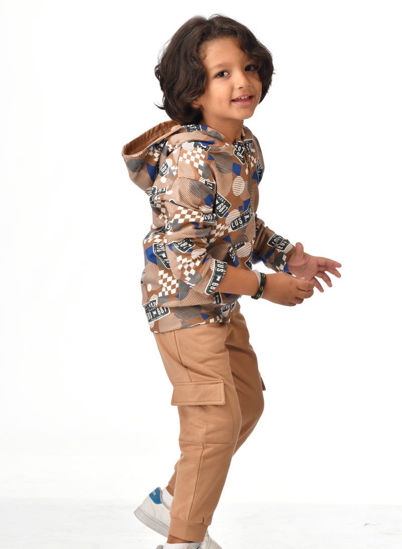 Boys' 2-Piece Printed Full zipper Hoodie and  Brown Jogger Set