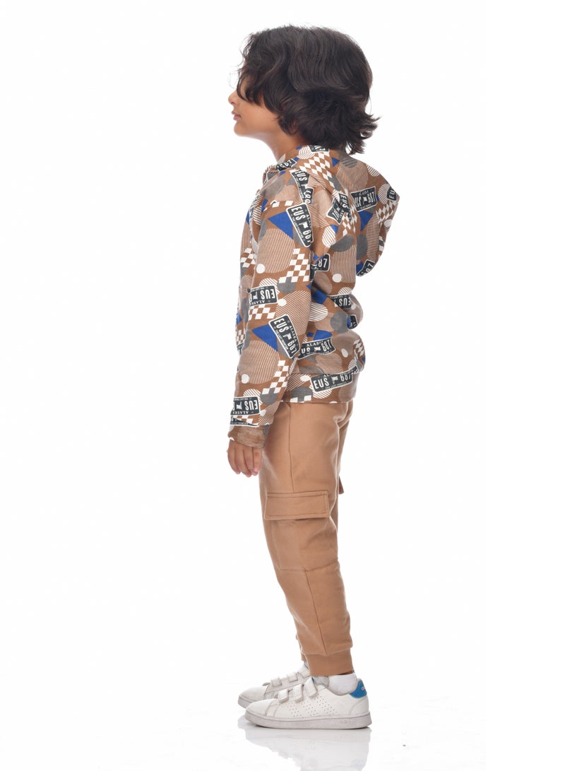 Boys' 2-Piece Printed Full zipper Hoodie and  Brown Jogger Set