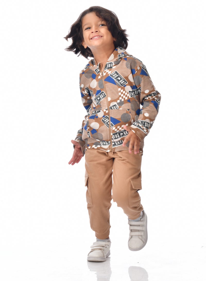 Boys' 2-Piece Printed Full zipper Hoodie and  Brown Jogger Set