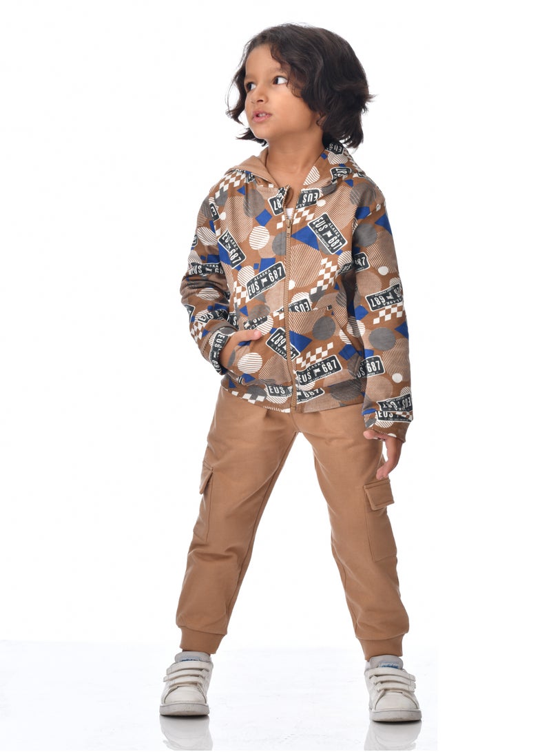 Boys' 2-Piece Printed Full zipper Hoodie and  Brown Jogger Set