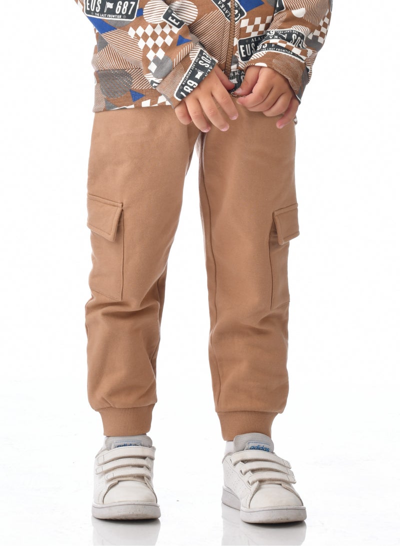 Boys' 2-Piece Printed Full zipper Hoodie and  Brown Jogger Set