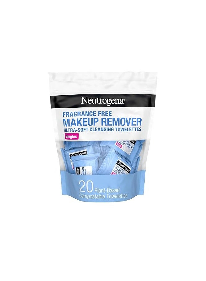 Neutrogena Fragrance-Free Makeup Remover Cleansing Towelette Singles, Individually-Wrapped Daily Face Wipes to Remove Dirt, Oil, Makeup & Waterproof Mascara for Travel & On-the-Go, 20 towelettes 120grams