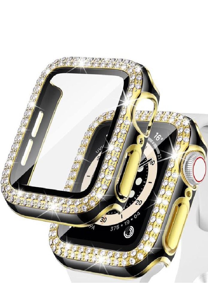 Smartwatch Luxury Anti Shock Screen Protector Cover Case Sensitive Touch Tempered Glass Screen Protector  Two Tone Color Double Row Glitter Crystal Diamonds Apple Watch Series 8 7 45mm Gold / Black