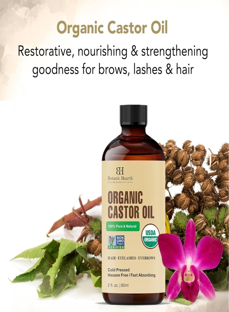 Organic Castor Oil | 60 ML | USDA Certified Organic |100% Pure & Hexane Free | Cold Pressed | Growth for Eyelashes, Eyebrows, Hair | With Eyebrow & Eyelash Brush |