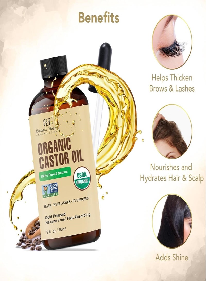 Organic Castor Oil | 60 ML | USDA Certified Organic |100% Pure & Hexane Free | Cold Pressed | Growth for Eyelashes, Eyebrows, Hair | With Eyebrow & Eyelash Brush |