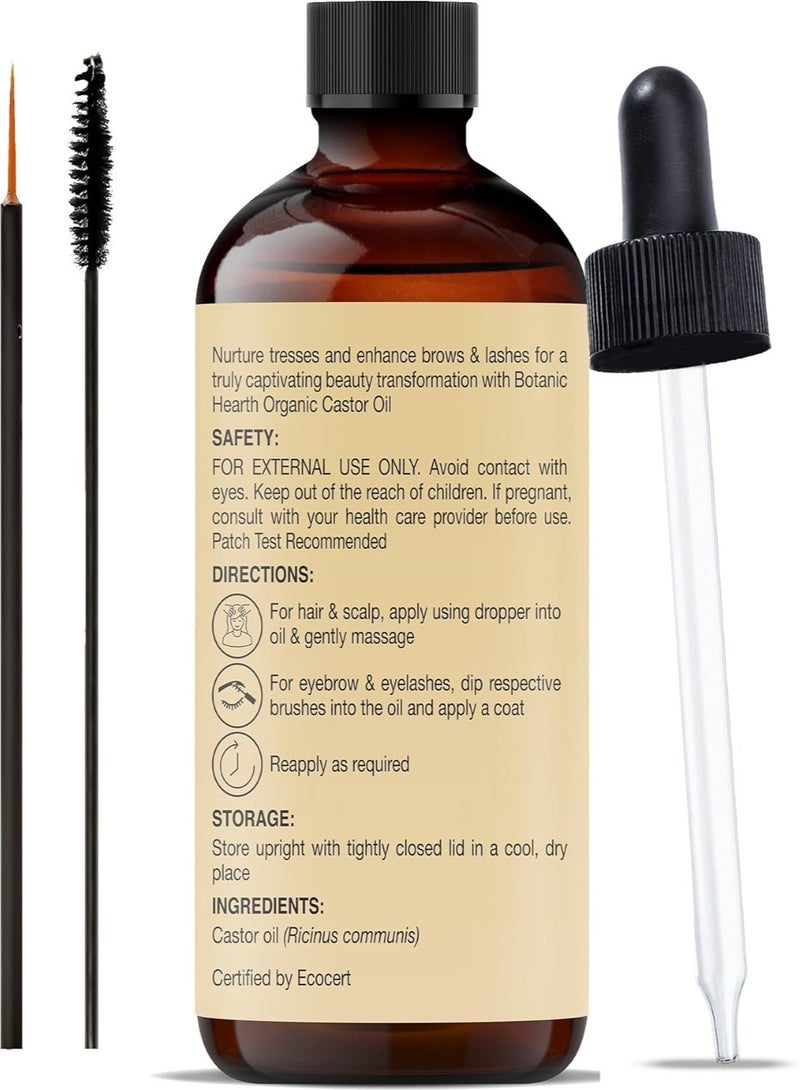 Organic Castor Oil | 60 ML | USDA Certified Organic |100% Pure & Hexane Free | Cold Pressed | Growth for Eyelashes, Eyebrows, Hair | With Eyebrow & Eyelash Brush |