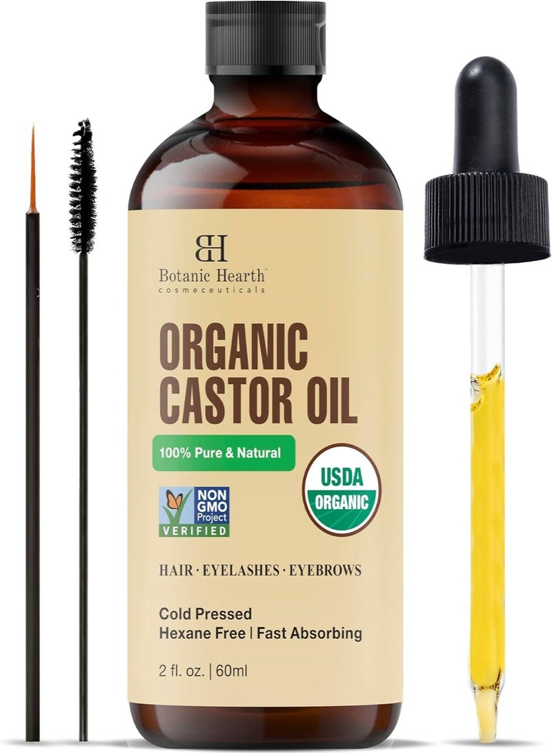 Organic Castor Oil | 60 ML | USDA Certified Organic |100% Pure & Hexane Free | Cold Pressed | Growth for Eyelashes, Eyebrows, Hair | With Eyebrow & Eyelash Brush |