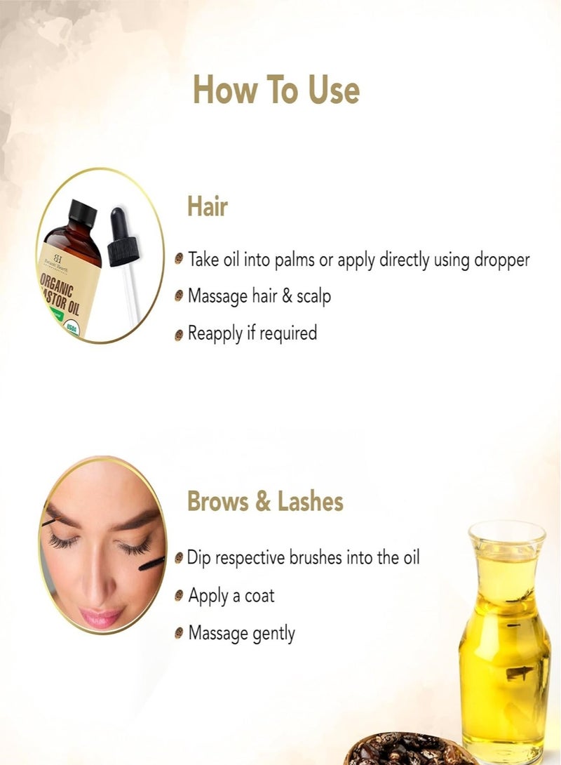 Organic Castor Oil | 60 ML | USDA Certified Organic |100% Pure & Hexane Free | Cold Pressed | Growth for Eyelashes, Eyebrows, Hair | With Eyebrow & Eyelash Brush |