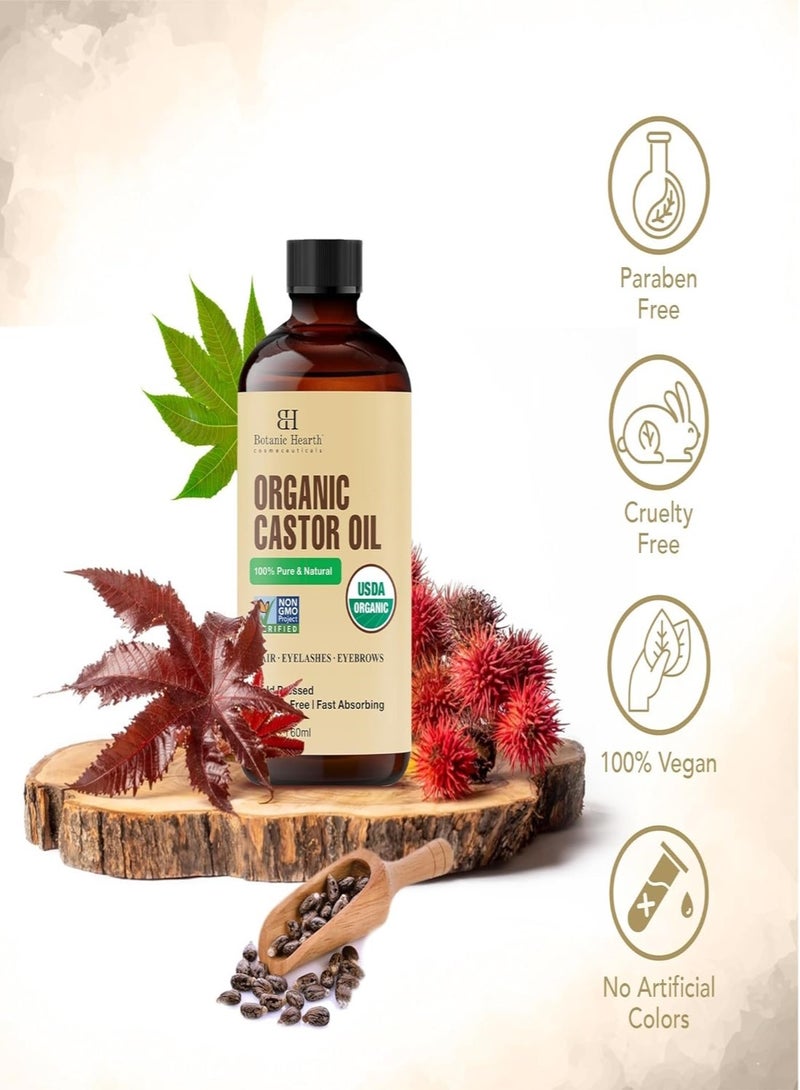 Organic Castor Oil | 60 ML | USDA Certified Organic |100% Pure & Hexane Free | Cold Pressed | Growth for Eyelashes, Eyebrows, Hair | With Eyebrow & Eyelash Brush |