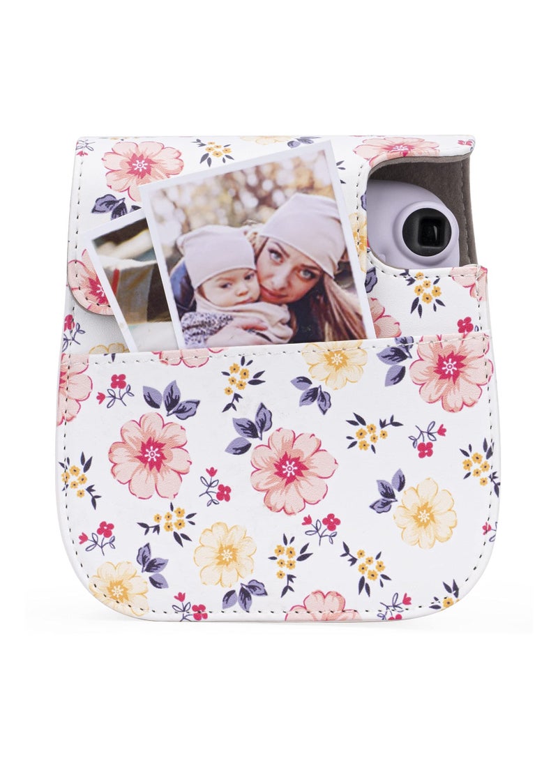 Protective and Portable Case for Fujifilm Instax Mini 11/9/8/8+ Instant Film Camera, Featuring Accessory Pocket and Adjustable Strap (Floral White Design)