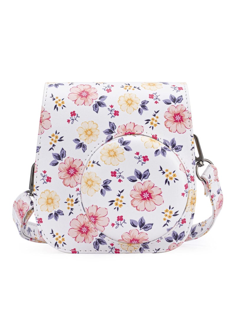 Protective & Portable Case Compatible with fujifilm instax Mini 11/ 9/ 8/ 8+ Instant Film Camera with Accessory Pocket and Adjustable Strap (Flowers White)
