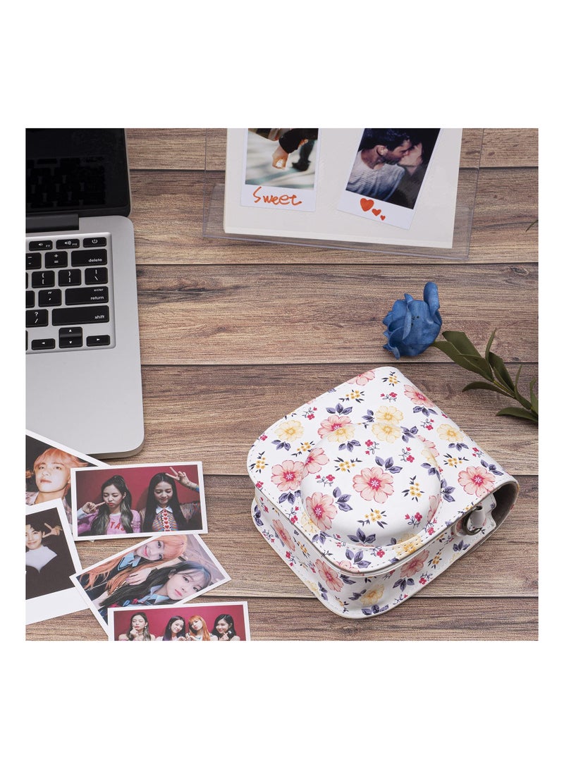 Protective & Portable Case Compatible with fujifilm instax Mini 11/ 9/ 8/ 8+ Instant Film Camera with Accessory Pocket and Adjustable Strap (Flowers White)