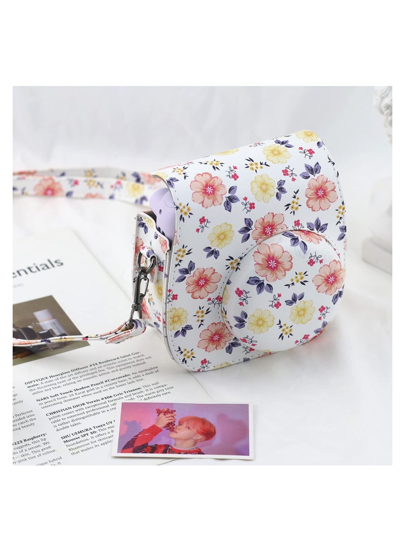 Protective & Portable Case Compatible with fujifilm instax Mini 11/ 9/ 8/ 8+ Instant Film Camera with Accessory Pocket and Adjustable Strap (Flowers White)