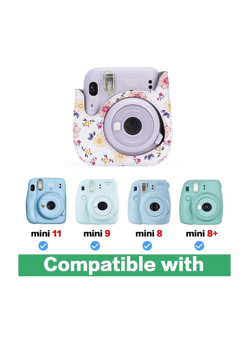 Protective and Portable Case for Fujifilm Instax Mini 11/9/8/8+ Instant Film Camera, Featuring Accessory Pocket and Adjustable Strap (Floral White Design)