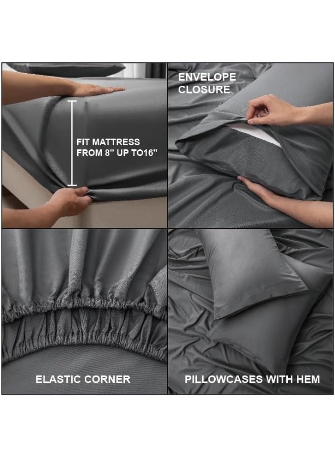 Bedding Super King Bed Sheets Set -4 Piece Bedding - Brushed Microfiber And Fade Resistant -Easy Care (Dark Grey, Super King)