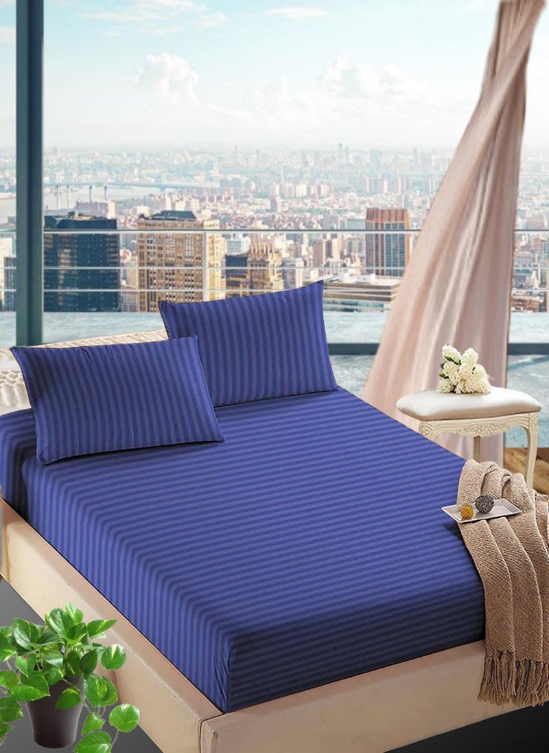 Navy Blue Cotton Queen Striped Fitted Elastic Bedsheet 180x200+20cm