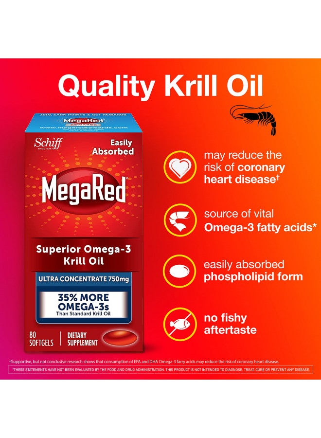 Megared Ultra Strength Krill Oil Omega 3 Supplement, 750mg EPA & DHA Antioxidant Astaxanthin for Heart Health, 80 Softgels, No Fish Aftertaste