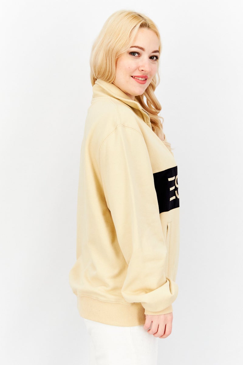 Women Stand Neck Embroidered Logo Sweatshirt, Beige/Black