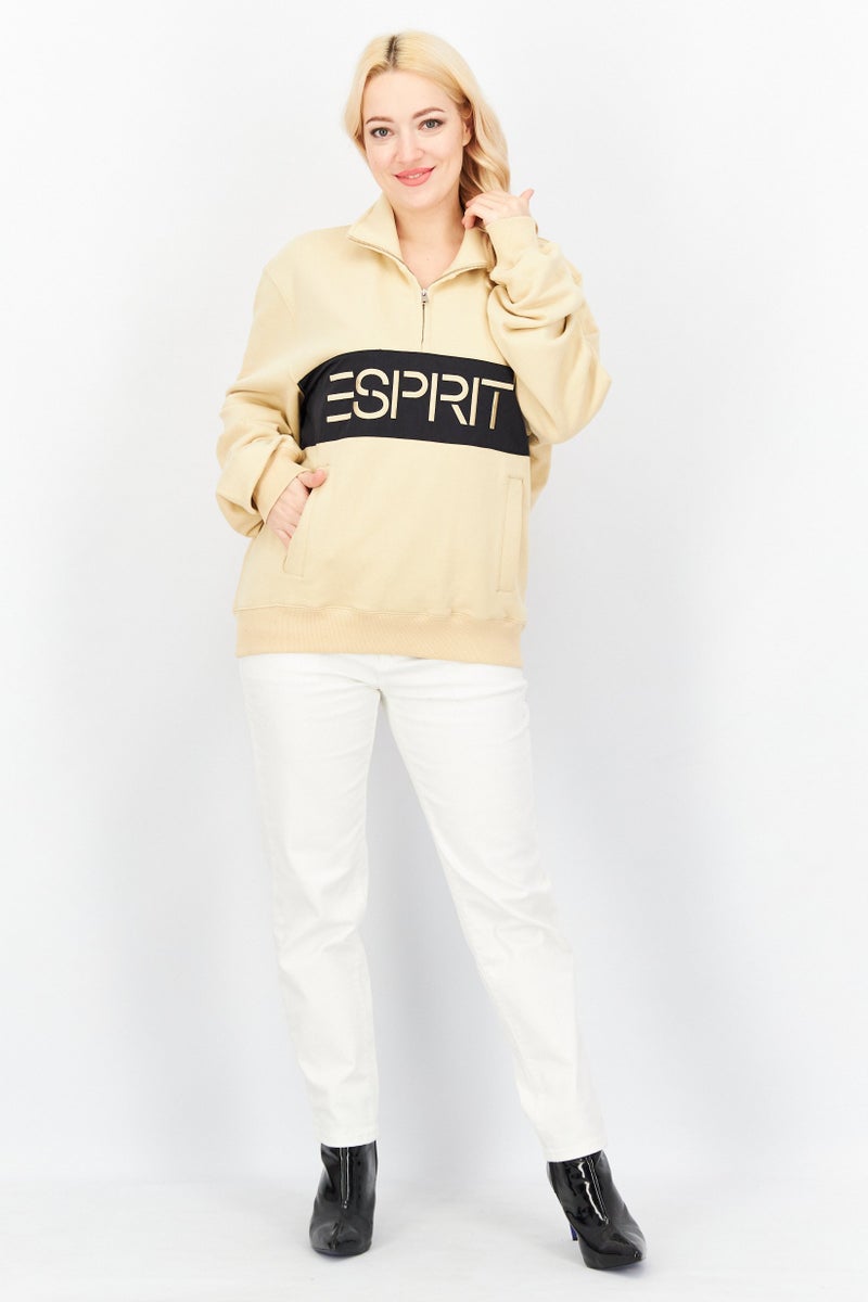 Women Stand Neck Embroidered Logo Sweatshirt, Beige/Black