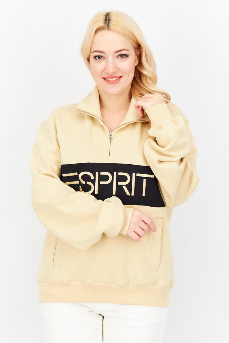 Women Stand Neck Embroidered Logo Sweatshirt, Beige/Black