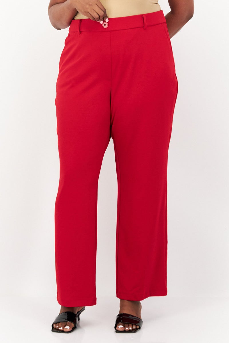 Women Plus Size Faux Fly Pull On Wide Leg Pants, Fire Red
