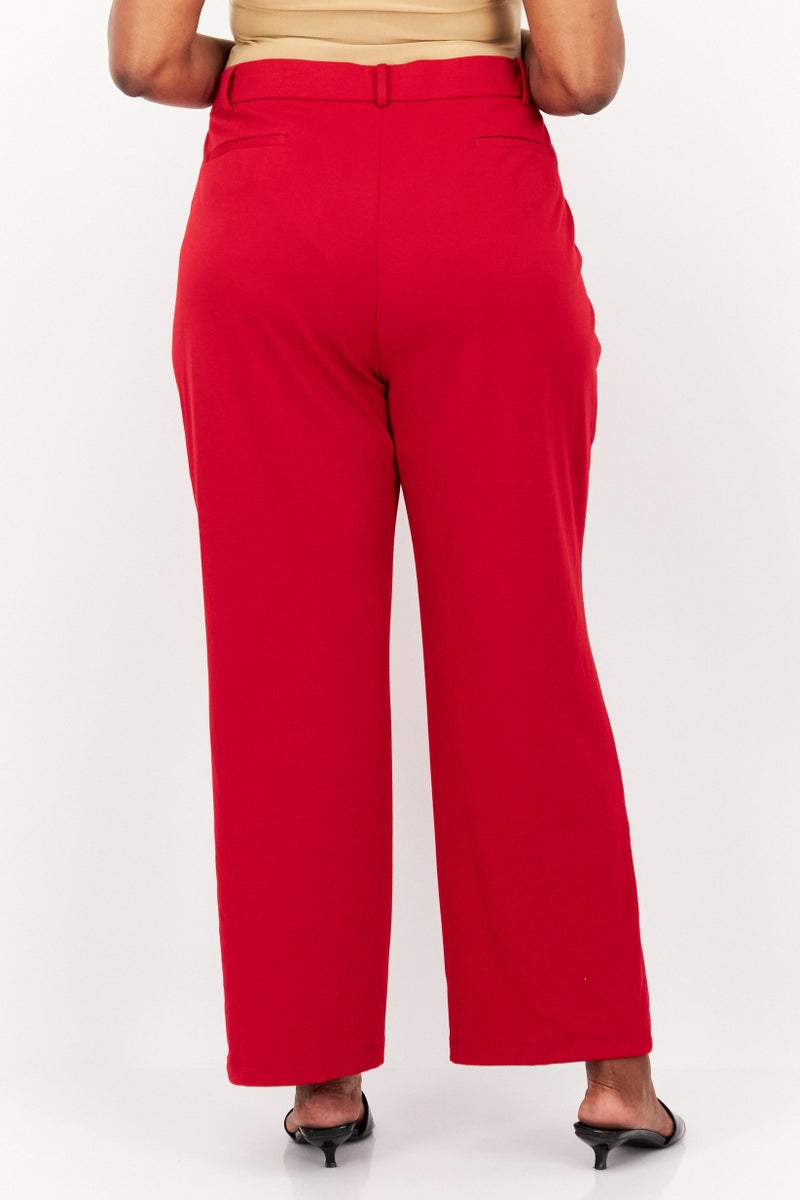 Women Plus Size Faux Fly Pull On Wide Leg Pants, Fire Red