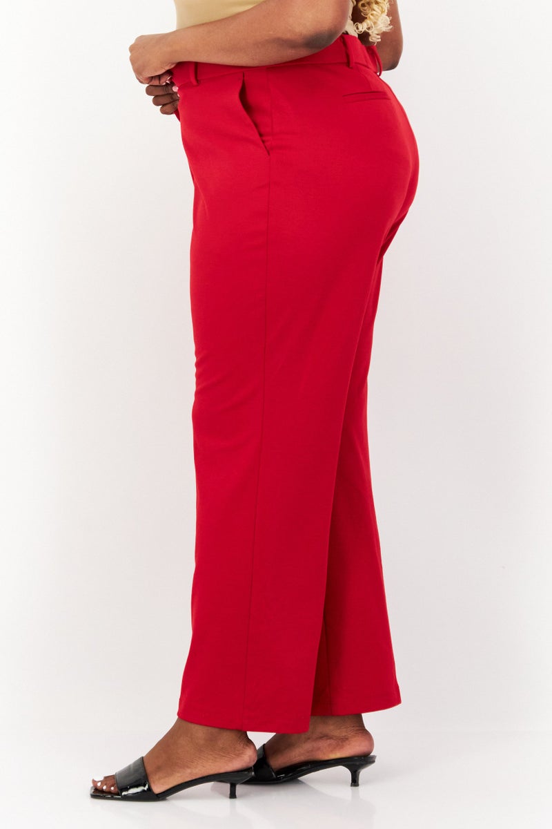 Women Plus Size Faux Fly Pull On Wide Leg Pants, Fire Red