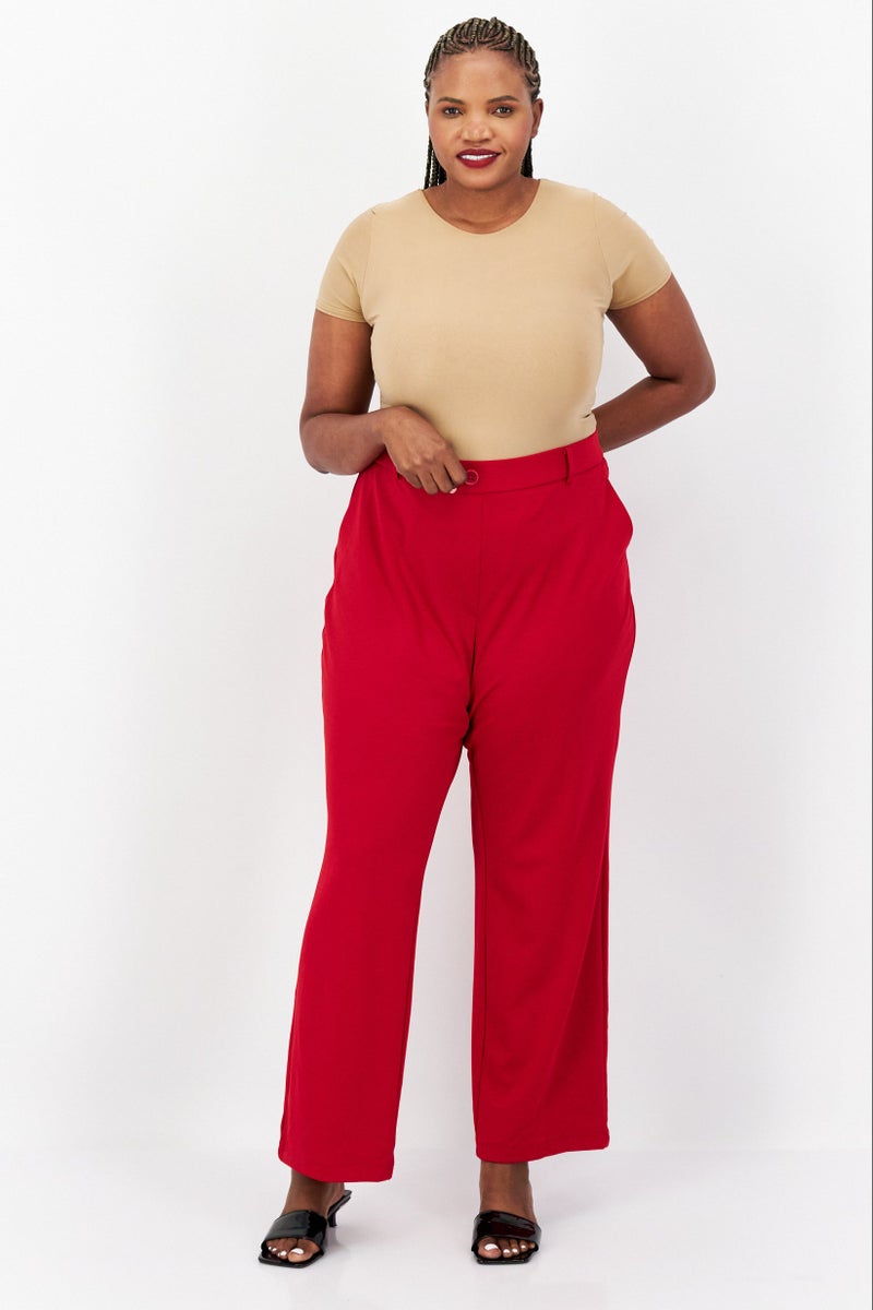 Women Plus Size Faux Fly Pull On Wide Leg Pants, Fire Red