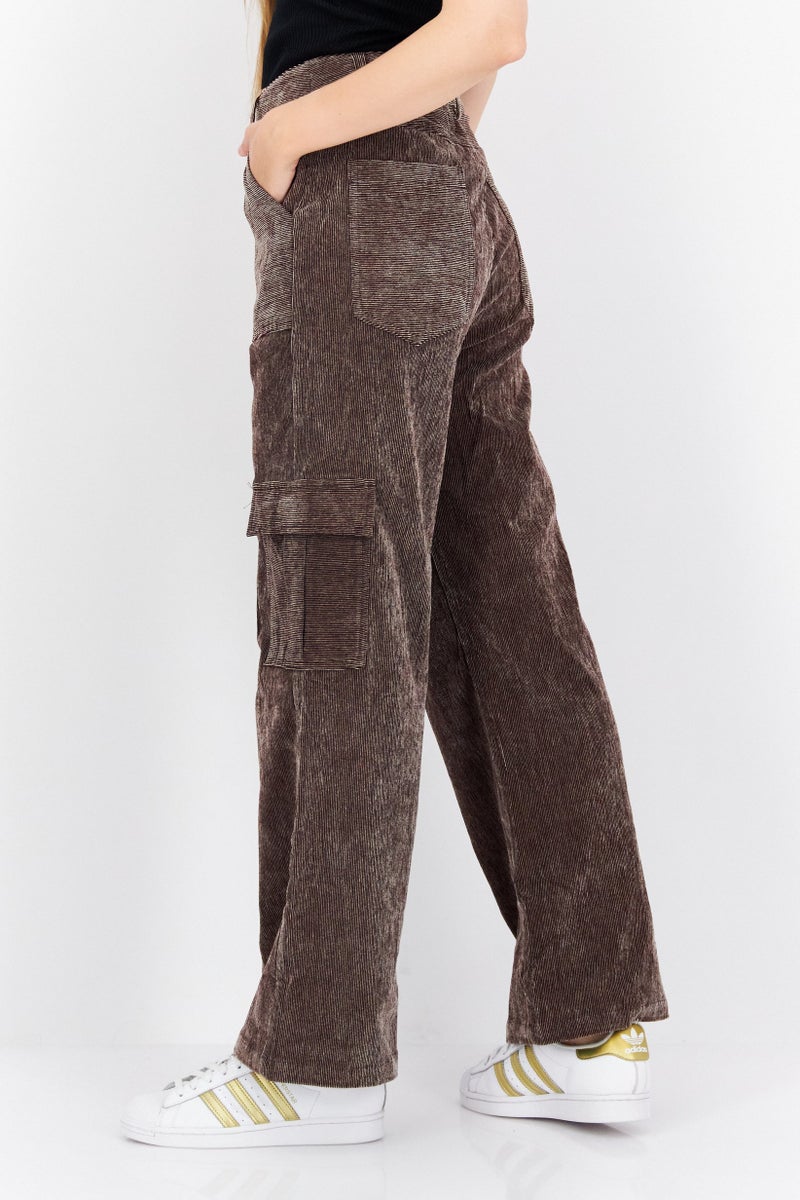 Women Regular Fit Corduroy Cargo Pants, Brown