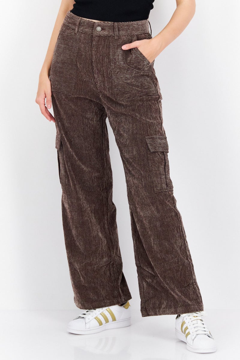 Women Regular Fit Corduroy Cargo Pants, Brown