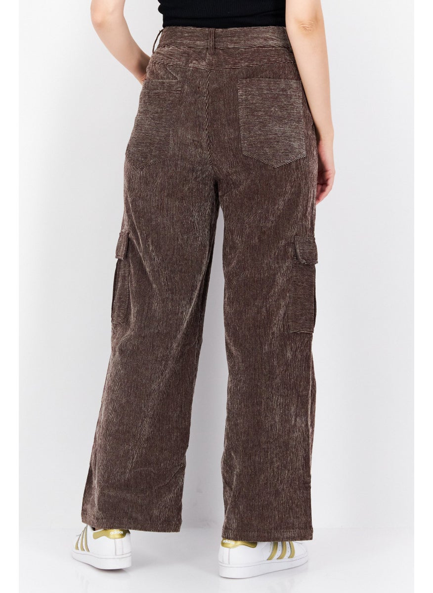 Women Regular Fit Corduroy Cargo Pants, Brown