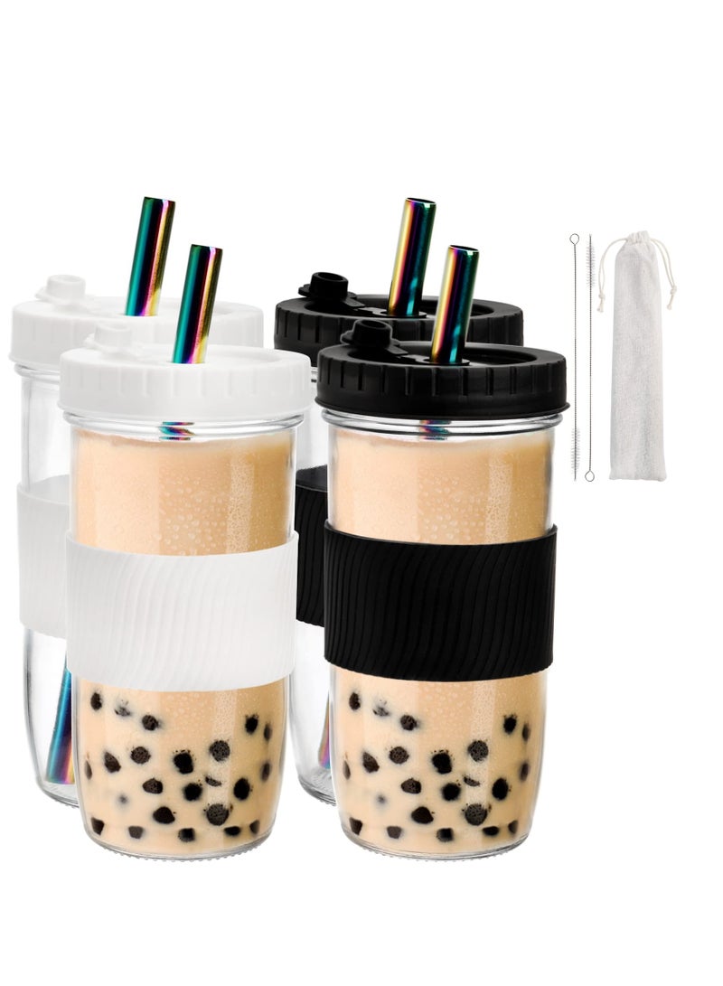 4 Pack 720Ml Reusable Boba Cup With Lids And Straw Iced Coffee Cups Glass Smoothie Cups Bubble Tea Cups Jar Cups With Silicone Sleeve Bpa Free Dishwasher Safe 2 Colors