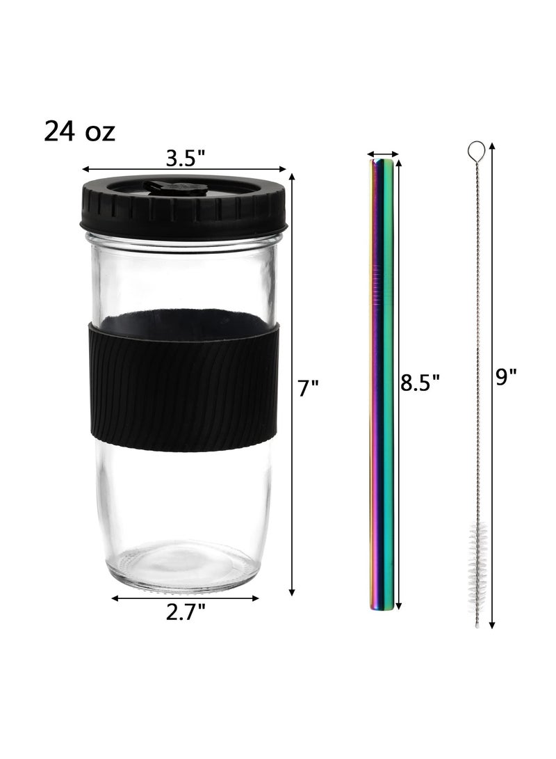 4 Pack 720Ml Reusable Boba Cup With Lids And Straw Iced Coffee Cups Glass Smoothie Cups Bubble Tea Cups Jar Cups With Silicone Sleeve Bpa Free Dishwasher Safe 2 Colors