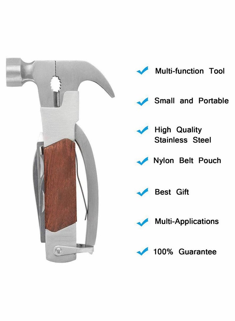 14-in-1 Stainless Steel Multitool Solid Wood Lifesaving Hammer, Emergency Escape Tool With Knife, Plier, Screwdrivers, Saw, Fish Descaler, Wrench, Bottle Opener Perfect for Camping, Outdoors