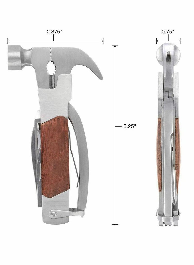 14-in-1 Stainless Steel Multitool Solid Wood Lifesaving Hammer, Emergency Escape Tool With Knife, Plier, Screwdrivers, Saw, Fish Descaler, Wrench, Bottle Opener Perfect for Camping, Outdoors