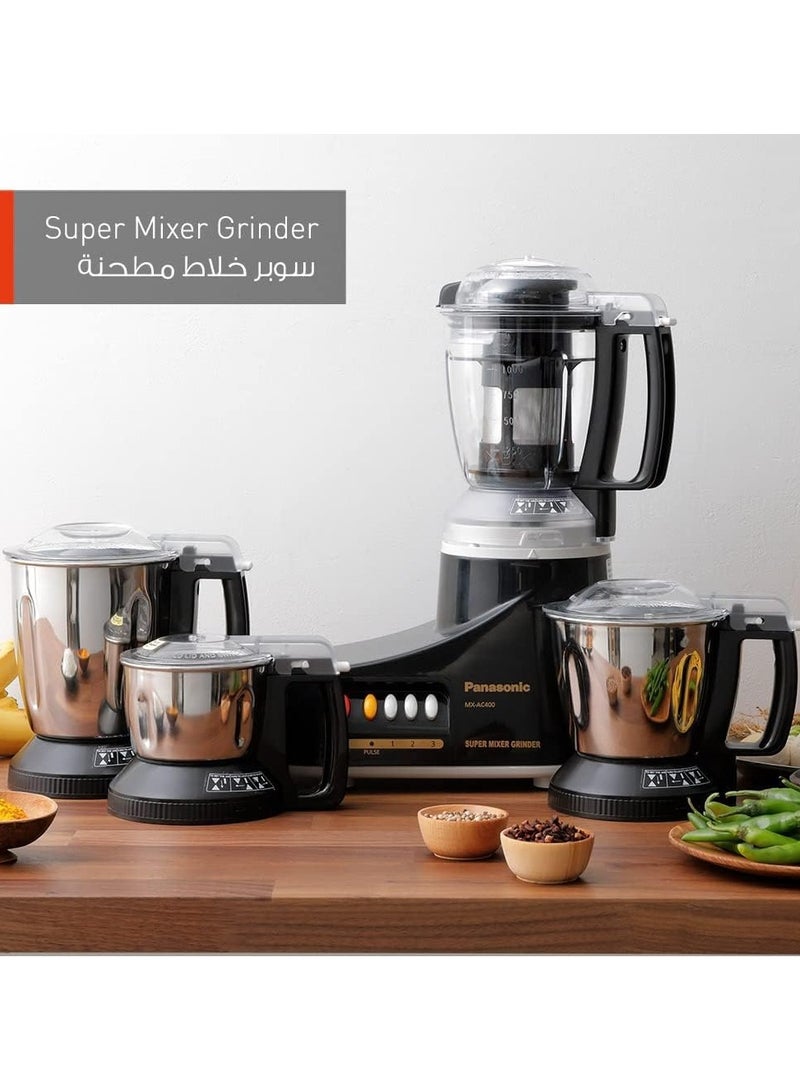 High-Power Mixer Grinder, 1000W, Model Mx-Ac400, Black, includes 3 Stainless Steel Jars and 1 Juicer JarHigh-Power Mixer Grinder, 1000W, Model Mx-Ac400, Black, includes 3 Stainless Steel Jars and 1 Juicer Jar