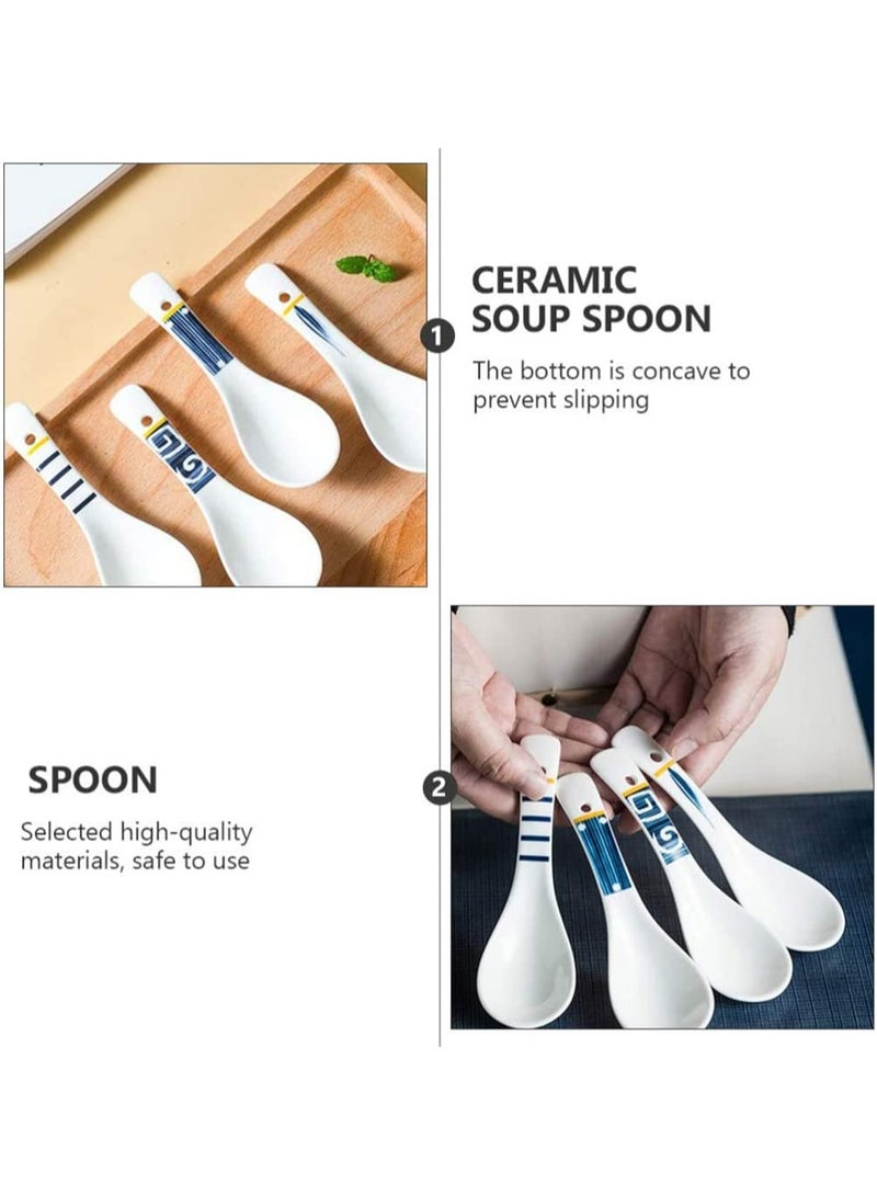 Ceramic Porcelain Soup Spoons, 4 Pcs Asian Style Spoons for Ramen, Wonton, Dumpling, and Dessert, Perfect for Kitchen Tableware, Japanese Chinese Design, Dishwasher Safe, White