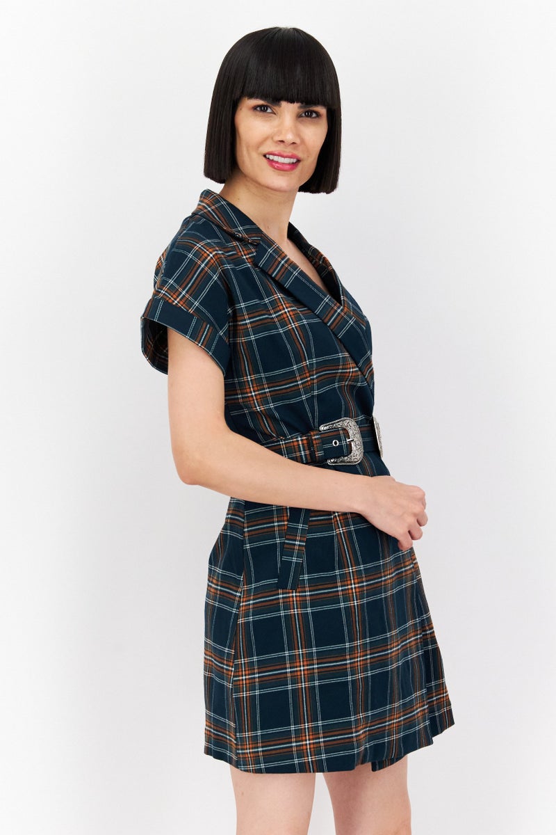 Women 2 In 1 Belted Plaid Mini Dress, Silicum Green