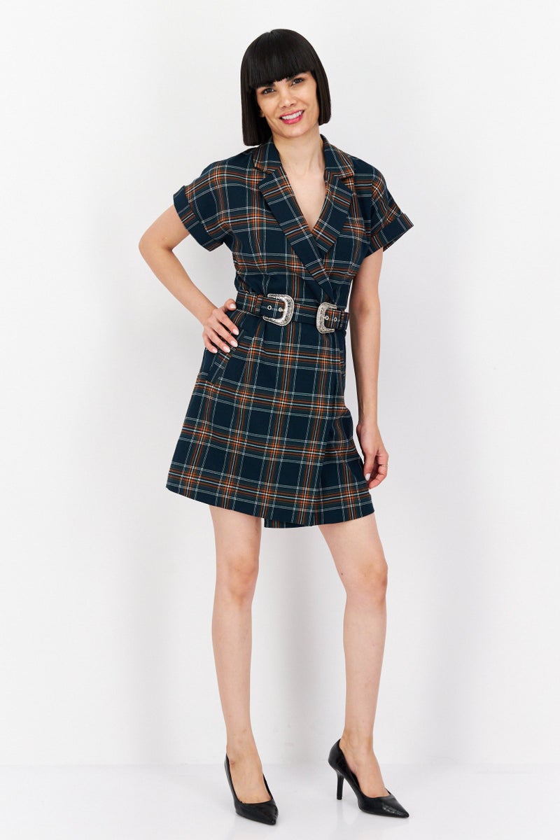 Women 2 In 1 Belted Plaid Mini Dress, Silicum Green