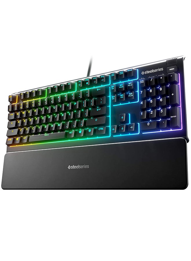 Apex 3 Water Resistant Gaming Keyboard, Premium Magnetic Wrist Rest, Whisper Quiet Gaming Switch, 10-Zone RGB Illumination, Anti-Ghosting, English US Layout, Black | 64795