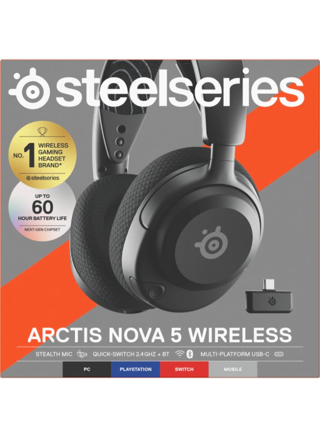 Arctis Nova 5 Wireless Headphones, 40mm Neodymium Drivers, ClearCast Gen 2.x, Retractable Boom, 360° Spatial Audio, Quick-Switch Wireless, Black | 61670