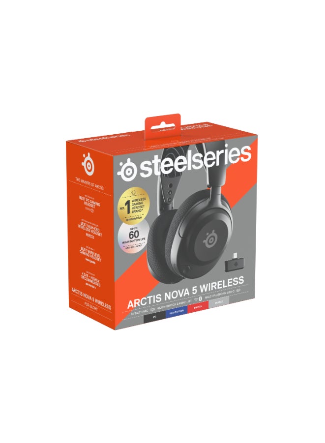 Arctis Nova 5 Wireless Headphones, 40mm Neodymium Drivers, ClearCast Gen 2.x, Retractable Boom, 360° Spatial Audio, Quick-Switch Wireless, Black | 61670