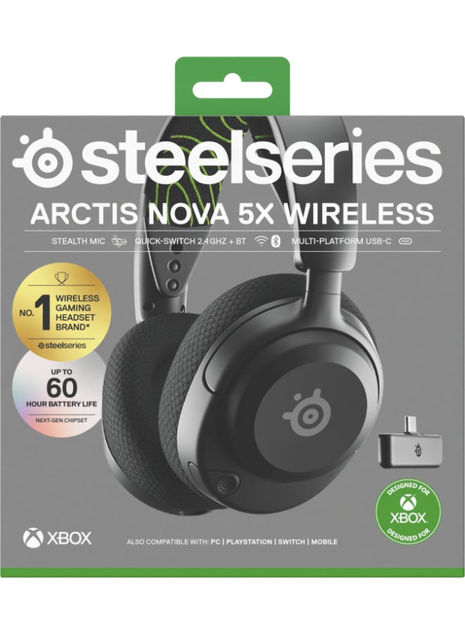 Arctis Nova 5X Wireless Headphones, 40mm Neodymium Drivers, ClearCast Gen 2.x, Retractable Boom, 360° Spatial Audio, Quick-Switch Wireless, Black / Green | 61676