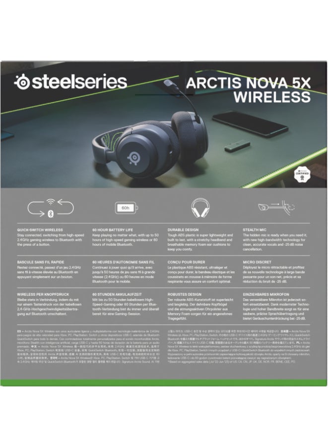 Arctis Nova 5X Wireless Headphones, 40mm Neodymium Drivers, ClearCast Gen 2.x, Retractable Boom, 360° Spatial Audio, Quick-Switch Wireless, Black / Green | 61676