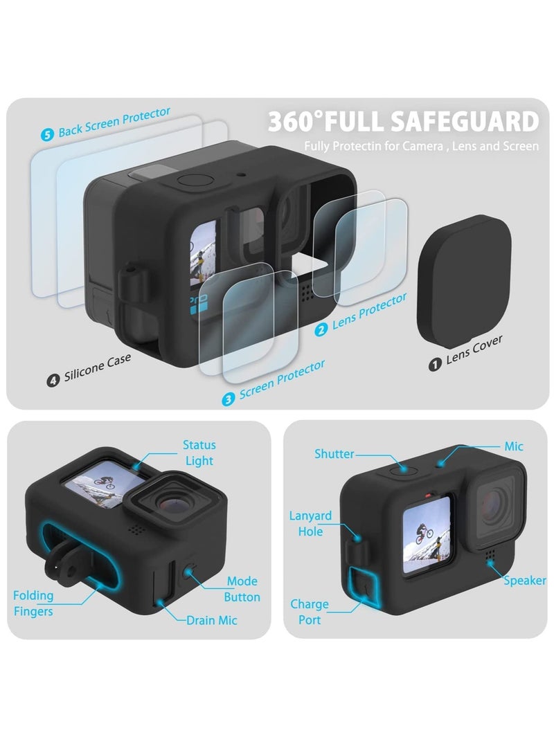 Silicone Sleeve Case for GoPro Hero 11/10/9, Complete Accessories Kit with Battery Side Cover, Screen Protectors, Lens Caps, and Lanyard for Enhanced Protection and Convenience.