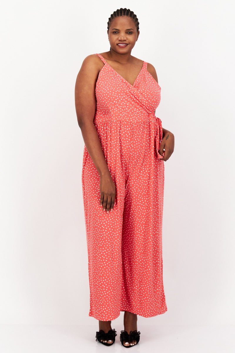 Women Petite Polka Dots Sleeveless Jumpsuits, Pink