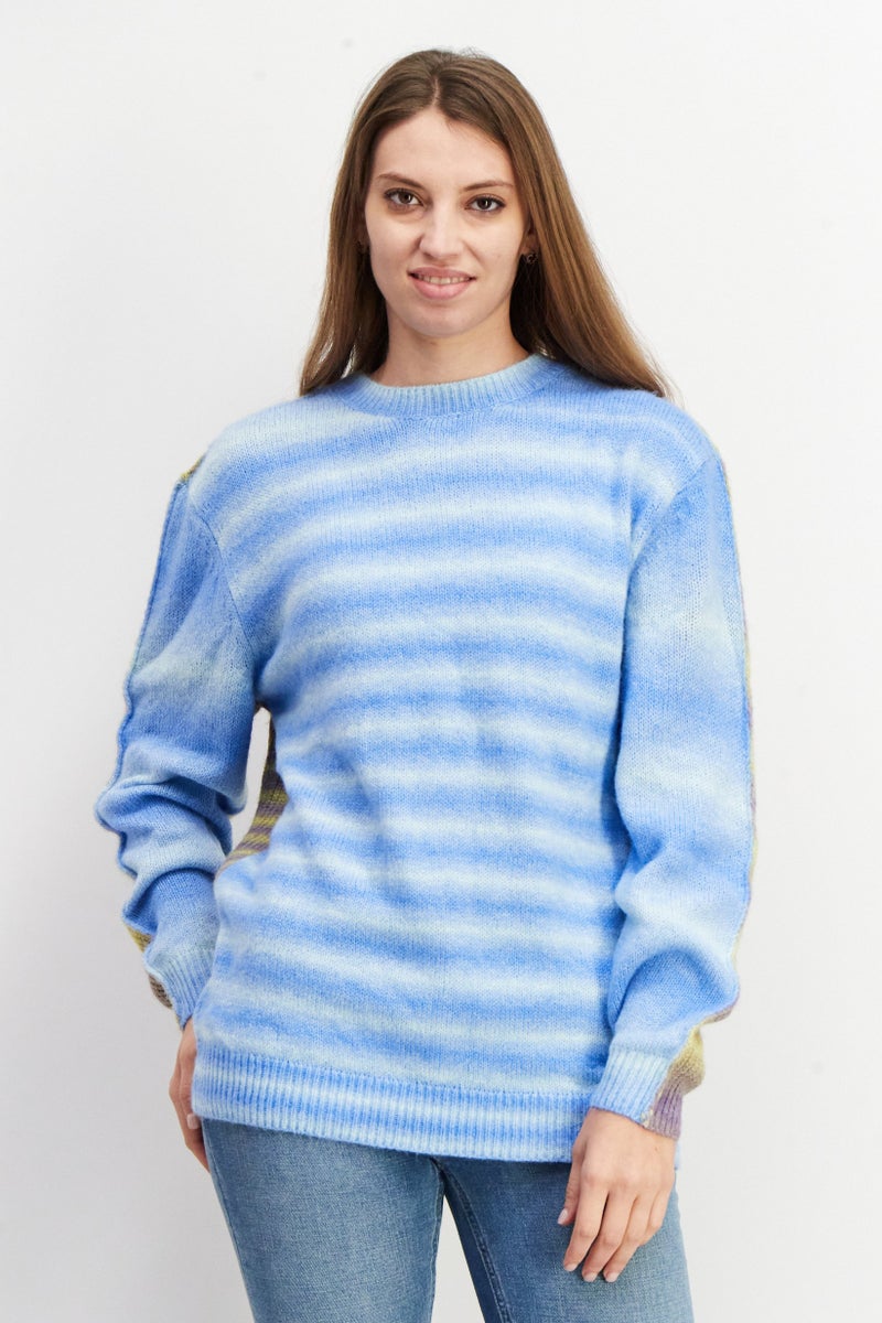 Women Knitted Tie Dye Sweater, Blue Combo