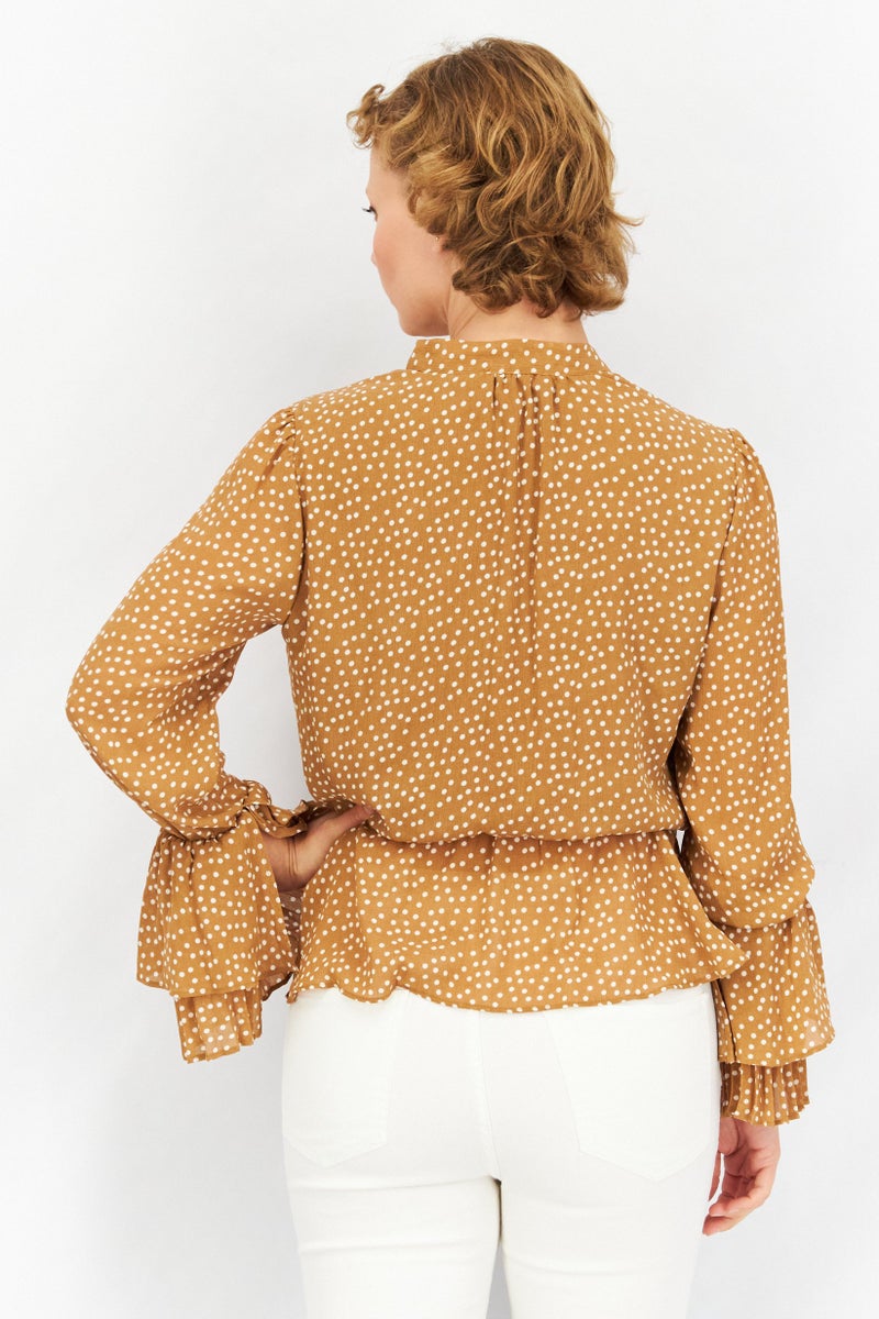 Women Tie Neck Long Sleeves Polka Dot Top, Brown