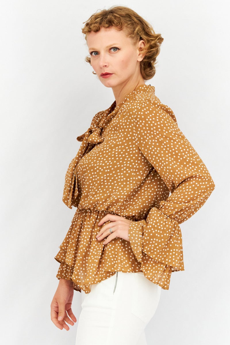 Women Tie Neck Long Sleeves Polka Dot Top, Brown